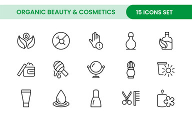 Organic Beauty and Cosmetics product outline icon set. editable line icon collection.