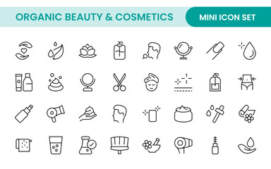 Organic Beauty and Cosmetics product outline icon set. editable line icon collection.