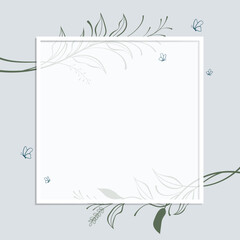 Obraz premium Vector illustration of romantic background with branches of leaves and frame for wedding invitation card
