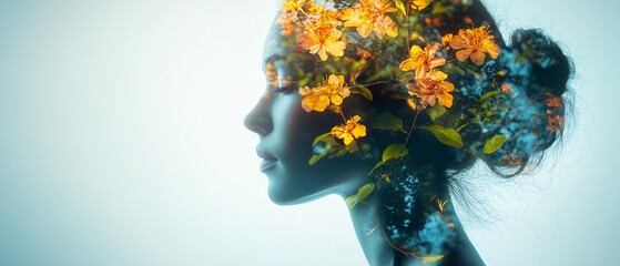 Blossoming Empowerment Creative double exposure of woman with merging blooming flower, symbolizing growth and empowerment in profile view.