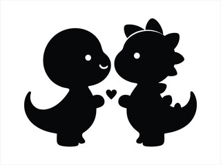 Cute Baby Dinosaur Couple Silhouette with Flower.