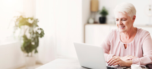 Smiling senior business woman looking at laptop, working from home, panorama with empty space