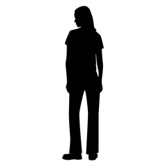 Vector silhouette of a young attractive slender woman, standing, back view, black color, isolated on a white background