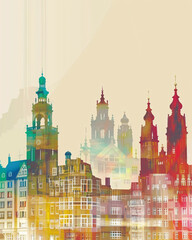 Obraz premium Karlsruhe City Skyline Artwork Poster - A colorful city skyline with many towers