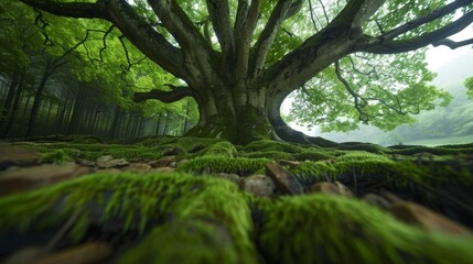 Fototapeta premium An ancient tree is surrounded by dense greenery and moss, highlighting nature's beauty and tranquility