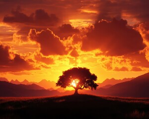 Stunning silhouette of a tree against a vibrant sunset with dramatic clouds and distant mountains, creating a breathtaking landscape.