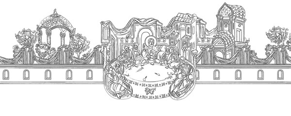 Obraz premium Holy Communion. Coloring Christian page in Byzantine style