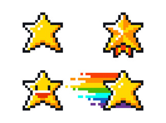 Fototapeta premium Pixel art stars set: gold medal, smiling star and star with rainbow trail for game interfaces and design