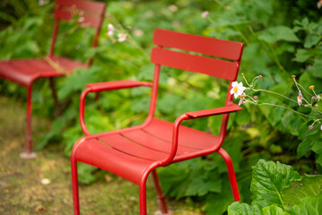 Red Metal Garden Chairs Among Greenery with Flowers in Outdoor Park Setting