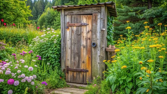 Rustic wooden outhouse door with worn metal hinges and rusty doorknob, set amidst a backdrop of lush greenery and overgrown wildflowers in a rural setting.