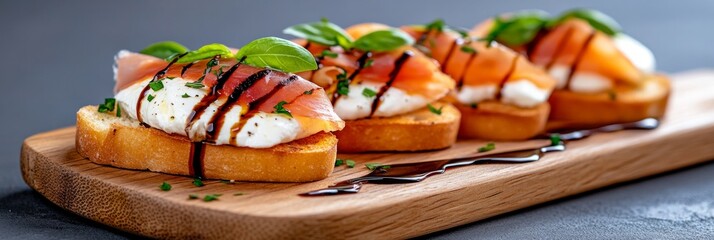 Delicious bruschetta with smoked salmon, creamy cheese, fresh basil, and balsamic glaze on crispy bread slices