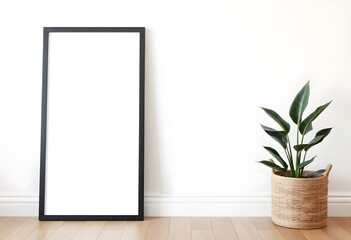 A black picture frame on a white wall with a potted plant in the foreground