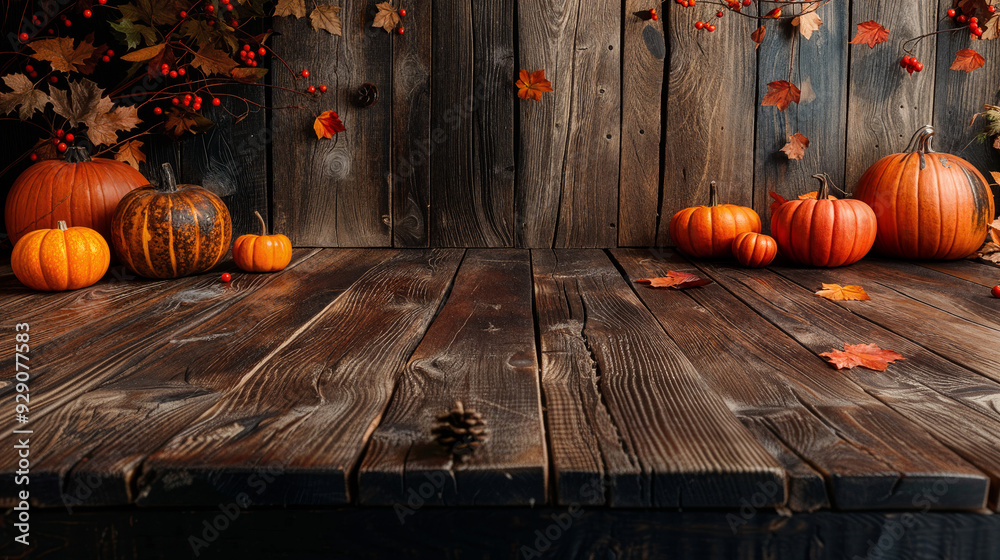 Wall mural Empty wooden floor or table made of old oak planks with pumpkins and autumn leaves over wooden wall background. Halloween or Thanksgiving mock up for design and product display