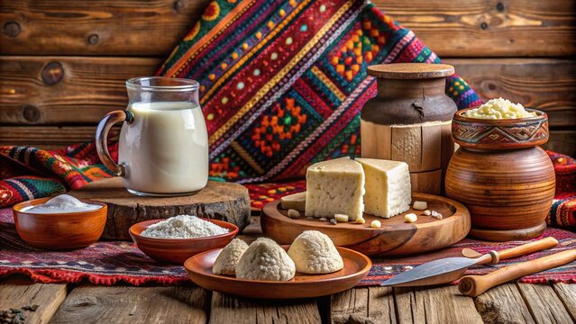 Rustic wooden table holds traditional Mongolian airag cheese, fermented horse milk, and crumbly aaruul, surrounded by nomadic utensils and woven textiles.