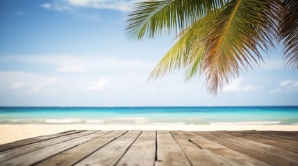 Wooden Deck with Palm Tree Overlooking Tropical Beach
