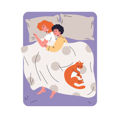 Young female lesbian couple hugging under blanket, lying on the bed with cat, vector relaxation time together with pet