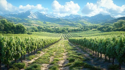 Fototapeta premium Scenic Vineyard Landscape with Rows of Grape Vines and Rolling Hills