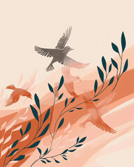Obraz premium Beige Landscape with Birds in Flight - A group of birds flying over plants