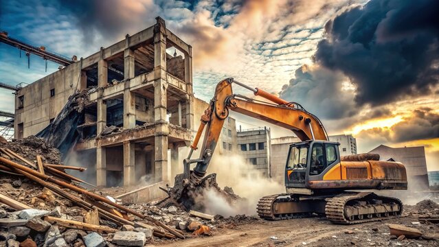 Rusty excavator clawing into crumbling concrete building, surrounded by cloud of dust, debris, and twisted metal, amidst urban industrial decay and regeneration.