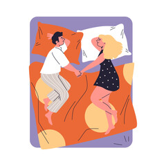 Young couple in pajamas holding hands lying on the bed, rest and relaxation time together vector flat, love relationship