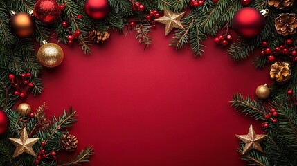 Crimson Christmas Cheer: A festive frame of ornaments and fir branches on a vibrant red backdrop, offering a classic holiday greeting card template. 