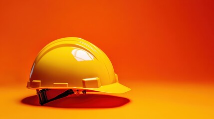 Yellow construction hard hat on an orange background, symbolizing safety, protection, and construction work.