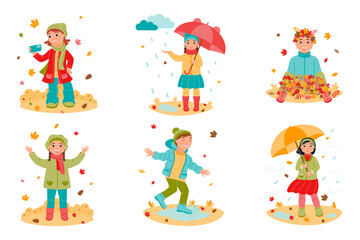 A set of children walking outside in autumn. Girls and boys are playing with falling leaves.