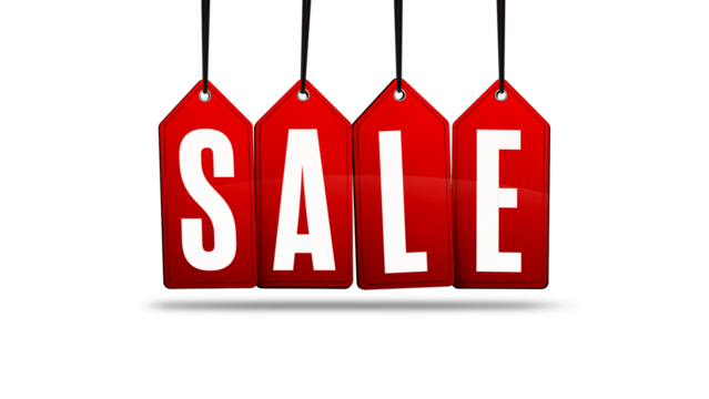 image of hanging red sales tags with shadow on background with gradient
