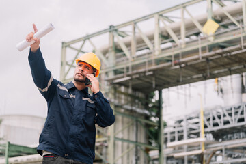 professional man workers engineer in construction industry uses a smartphone to discuss project updates on site. the integration of technology and effective communication in construction management.