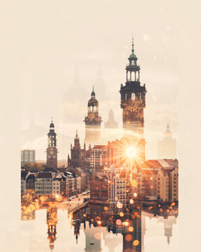 Vendsyssel-Thy: Double Exposure City Skyline Landmark Art - A city with a river and a bridge