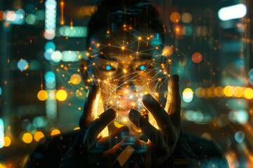 Illuminated by city lights, a person seamlessly blends into a web of glowing data networks, symbolizing the fusion of humanity and technology.