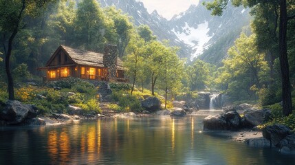 Fototapeta premium Tranquil Mountain Retreat Cabin Surrounded by Dense Forest