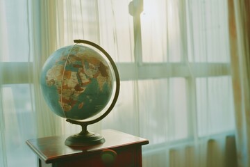 An elegant globe sits on a wooden stand by a sunlit window, evoking thoughts of travel and exploration.