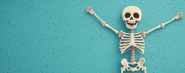 A playful skeleton model joyfully posed against a vibrant teal background, perfect for educational or Halloween-themed designs.