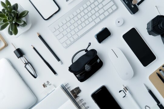 A neatly arranged flat lay of tech gadgets, stationery, and a small plant on a white surface exuding a minimalist and organized workspace vibe.