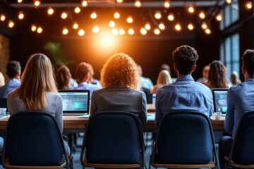 A diverse group of professionals attending a seminar, focused on their laptops in a modern, well-lit environment.