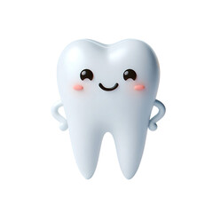 Smiling tooth character with hands on hips. Cute 3D cartoon art in kawaii style. Dental care and hygiene concept for design and print.