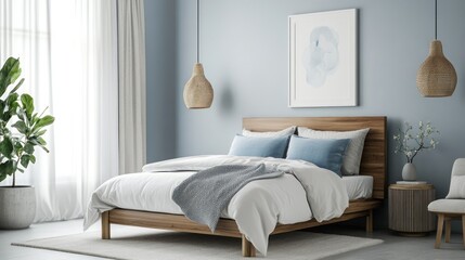 Minimalist Bedroom Interior with Wooden Bed, Blue Pillows, and Woven Pendant Lights