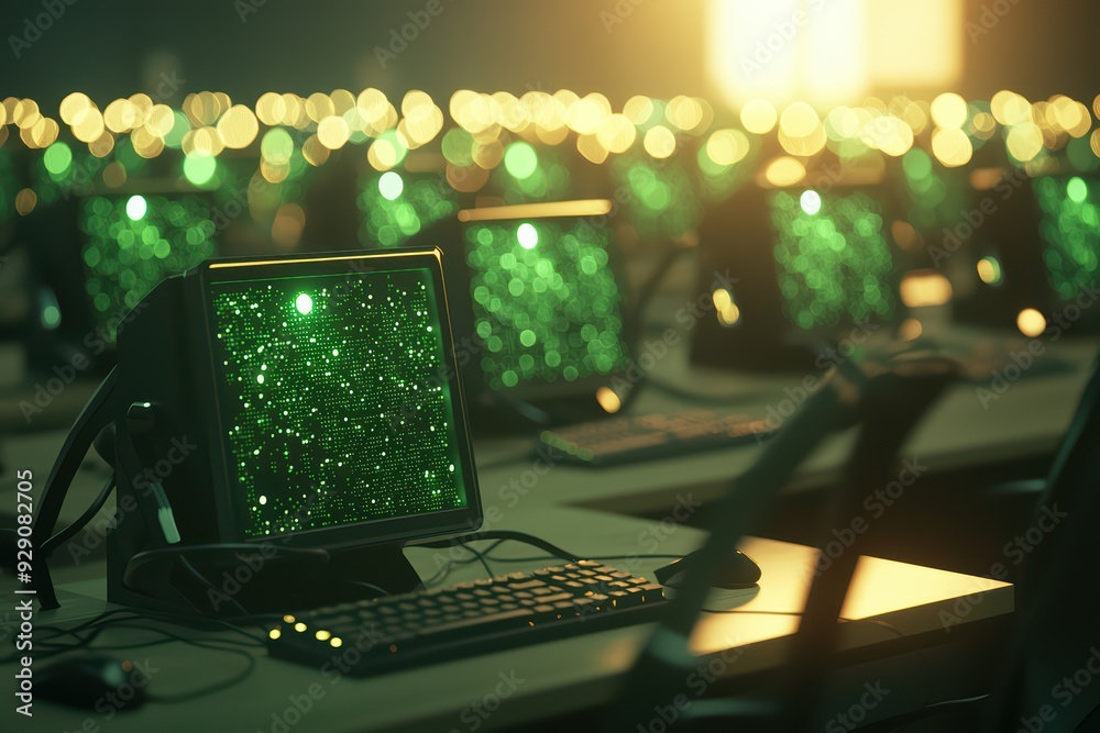 Poster a futuristic workspace filled with computers displaying vibrant green screens, illuminated by soft, 