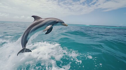 Fototapeta premium A dolphin leaps from the water, creating a splash.