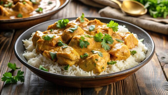 Savory Indian-inspired dish featuring tender chicken in a rich, creamy shahi korma sauce, garnished with fresh cilantro and served over basmati rice.