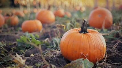 Pumpkin patch over autumn background. fresh orange pumpkins on a farm field. Rural landscape with sunset. Copy space, Halloween or Thanksgiving mock up for design and product display