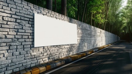 A blank billboard is positioned on a tranquil road surrounded by lush greenery and trees