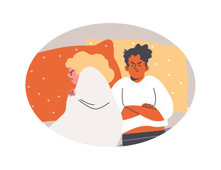 Angry young couple lying apart in the bed, intimate problem, cartoon woman and man lovers conflict vector in oval frame