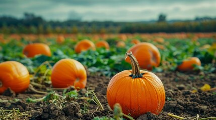 Pumpkin patch over autumn background. fresh orange pumpkins on a farm field. Rural landscape with sunset. Copy space, Halloween or Thanksgiving mock up for design and product display