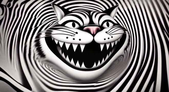 cheshire cat head smiling on a black and white spiraling background