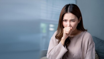 Fototapeta premium A woman showing signs of discomfort, coughing gently in a softly lit room, expressing concern and worry.