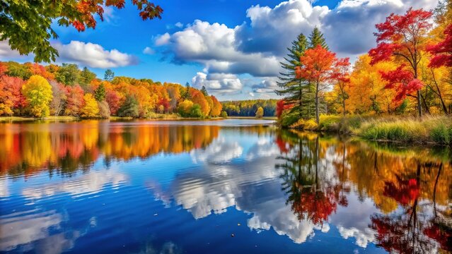Scenic autumn landscape featuring a serene lake surrounded by vibrant fall foliage in the picturesque countryside of Minnesota or Wisconsin on a sunny day.