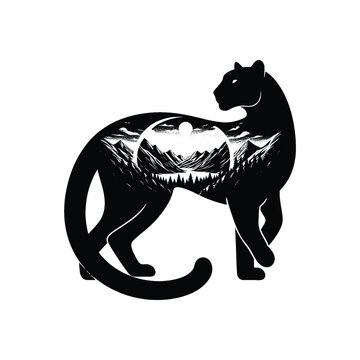 recommend clip art: silhouette of Panther filled with mountain and nature view in rough drawing, minimalist,
