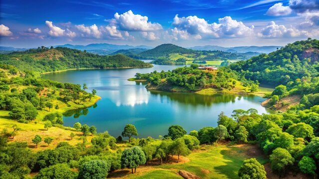 Scenic landscape of Ranchi district, Jharkhand, India, featuring lush green forests, rolling hills, and a serene lake on a sunny day.